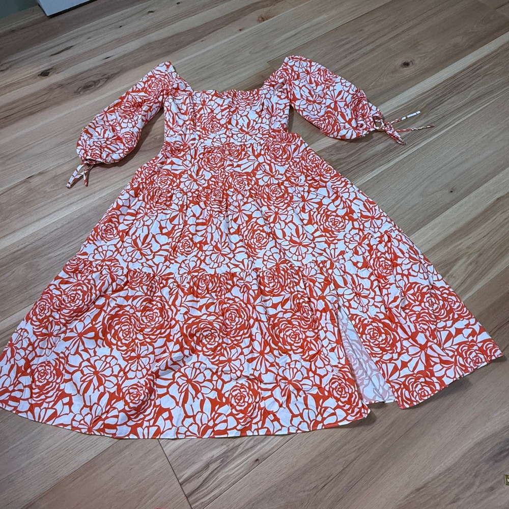 Amanda Uprichard Francine NWT Dress Women L Orange White Floral Tiered Maxi Slit